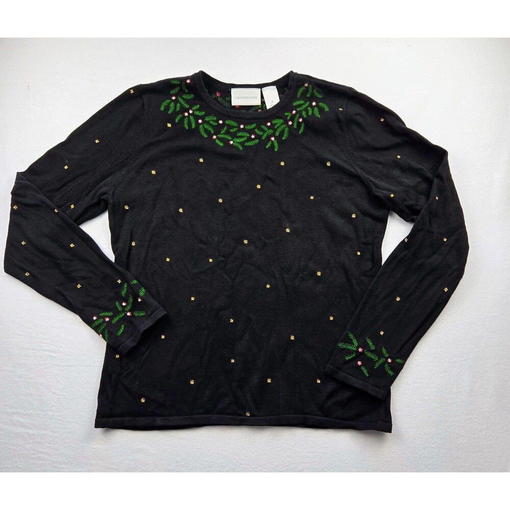 Vintage Liz Claiborne Womens Black Christmas Sweater Embroidered Holiday Cotton